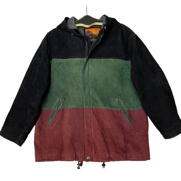 VTG Outbrook  Womens XL Coat Jacket Color Block Hooded Suede Leather 90s Retro - Picture 1 of 12